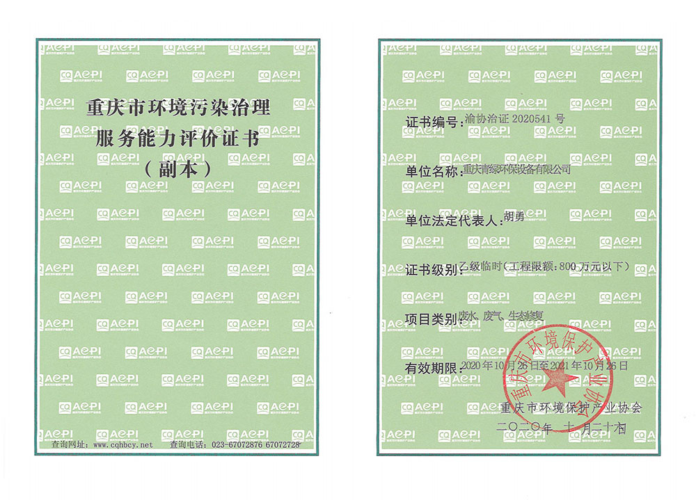 重慶市環(huán)境污染治理能力服務(wù)評(píng)價(jià)證書